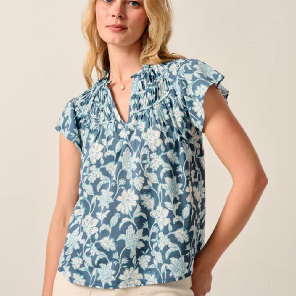 Johnnie-O Blouse. Size M. Navy blue and white floral. New with tags.